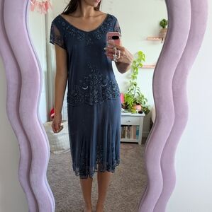 Antique Vintage Flapper Elegant Blue Embellished Women's Dress Size Large